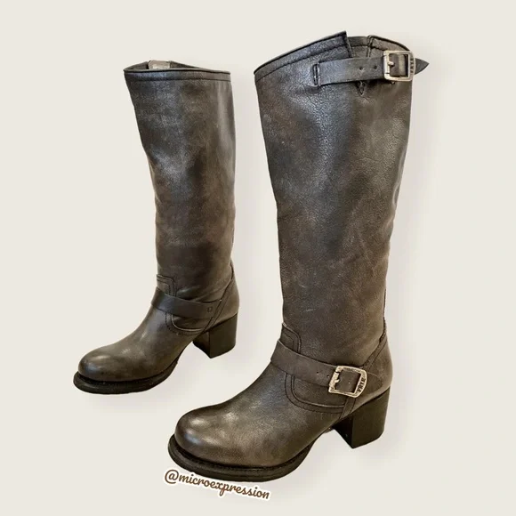 Frye Vera Slouch Grey Black Leather Block Heel Moto Knee High Tall Buckle Boot - Picture 8 of 13